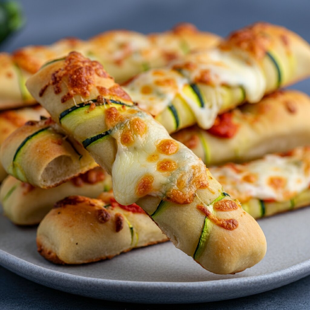 WW Cheesy Zucchini Breadsticks (3 Points) Hand lifting a crispy zucchini breadstick with cheese stretching, on a rustic wooden board.