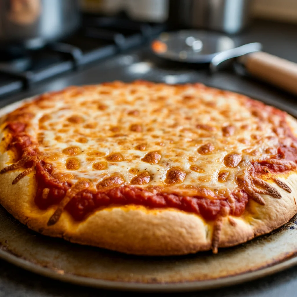 keto fathead pizza A slice of homemade Fathead Keto Pizza with golden, crispy crust topped with melted mozzarella and tomato sauce, being held in hand. The remaining pizza is served on a rustic wooden board, showcasing a delicious, low-carb meal option."