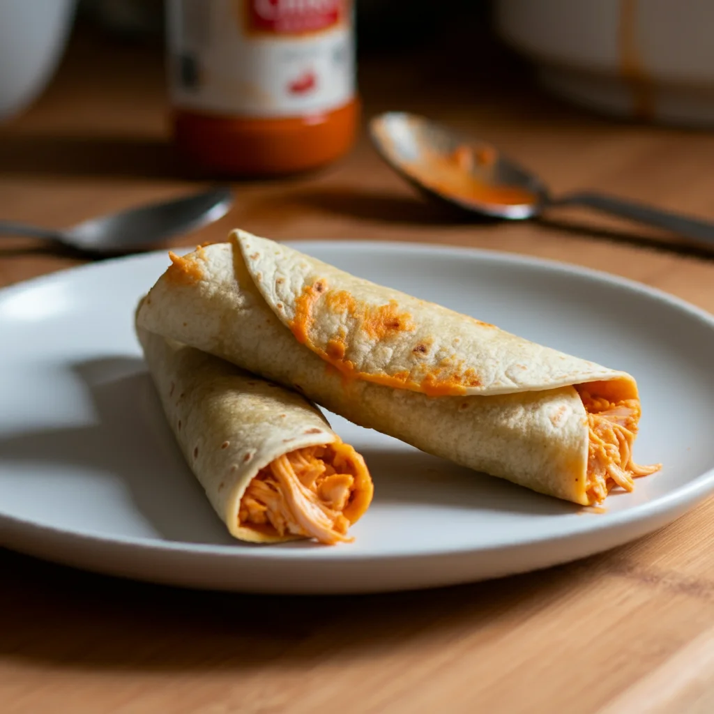 Delicious Keto Buffalo Chicken Taquitos served on a white plate, showcasing a crispy cheese shell wrapped around a juicy buffalo chicken filling. The taquitos are arranged attractively with a casual kitchen setting in the background, including scattered ingredients and a slightly messy countertop, adding a realistic touch. One taquito is being held up like a pizza slice, with a bite taken out, while the rest sit neatly on the plate, creating an inviting, homemade vibe perfect for a keto-friendly snack."