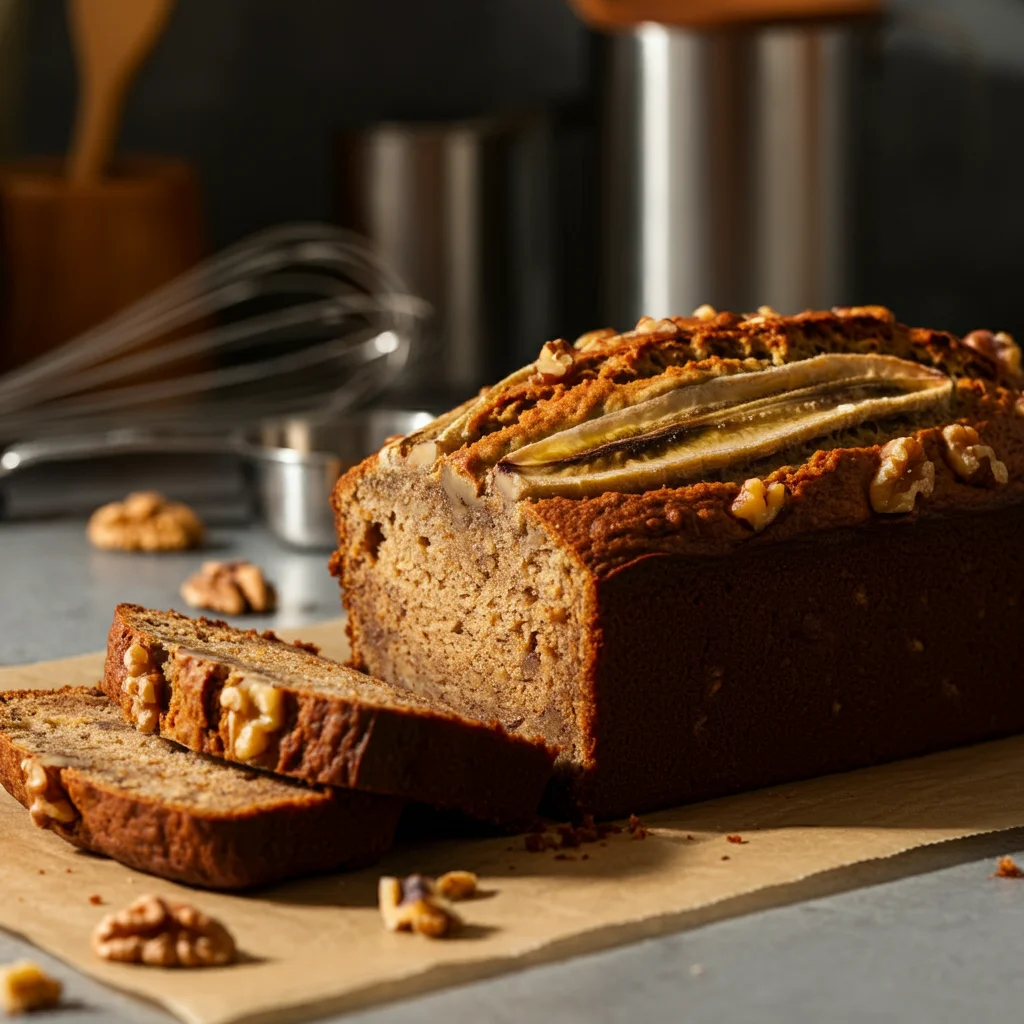 "Keto banana bread made with almond flour, topped with slices of banana and a sprinkle of nuts, served on a rustic wooden board.