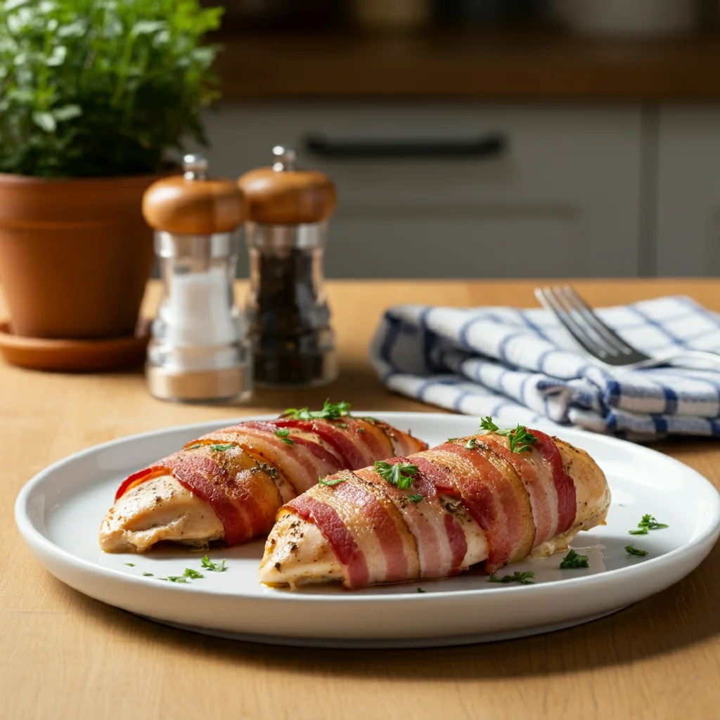 Bacon-wrapped chicken breasts A glass bowl filled with raw chicken breast, uncooked bacon strips, shredded cheddar cheese, and cream cheese cubes on a wooden countertop, surrounded by small bowls with seasonings like garlic powder, salt, and pepper.