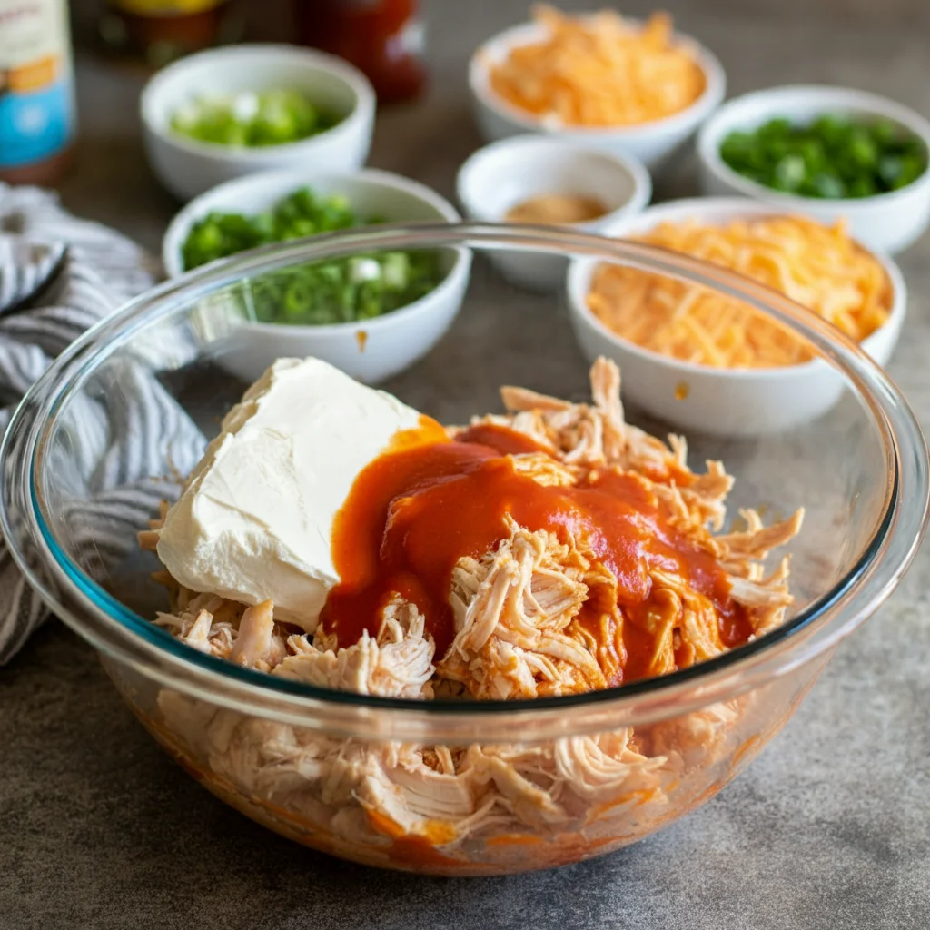 Delicious Keto Buffalo Chicken Taquitos served on a white plate, showcasing a crispy cheese shell wrapped around a juicy buffalo chicken filling. The taquitos are arranged attractively with a casual kitchen setting in the background, including scattered ingredients and a slightly messy countertop, adding a realistic touch. One taquito is being held up like a pizza slice, with a bite taken out, while the rest sit neatly on the plate, creating an inviting, homemade vibe perfect for a keto-friendly snack."