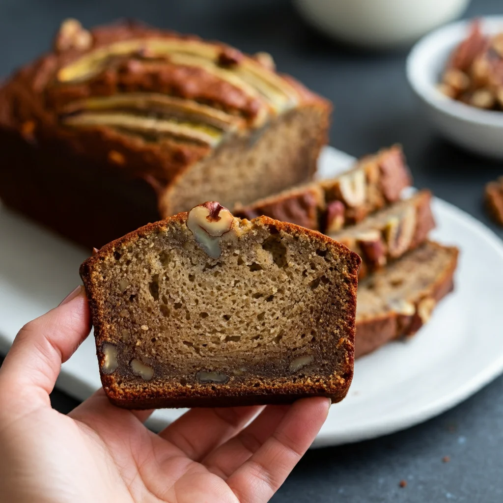 "Keto banana bread made with almond flour, topped with slices of banana and a sprinkle of nuts, served on a rustic wooden board.