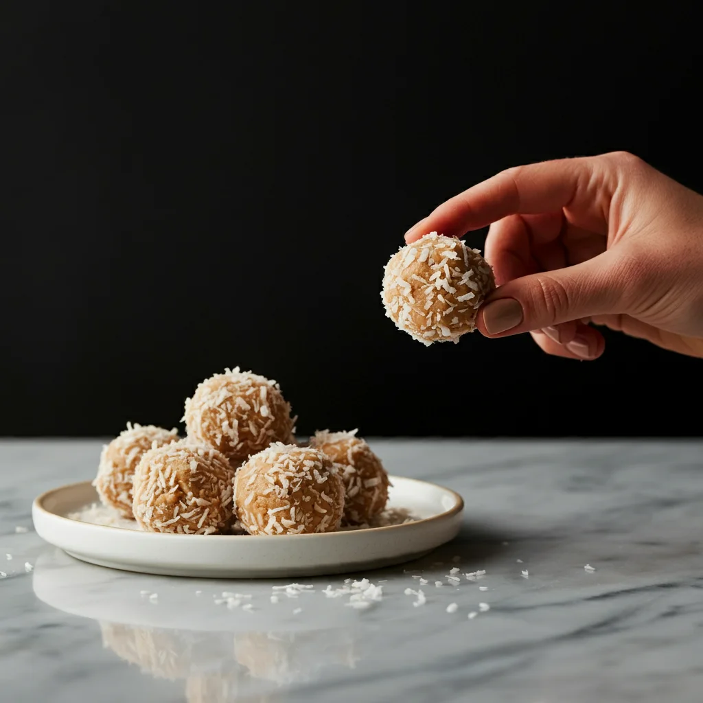 Peanut Butter Balls (Low Carb) Hand holding a coconut-coated peanut butter ball with more on a plate in the background.