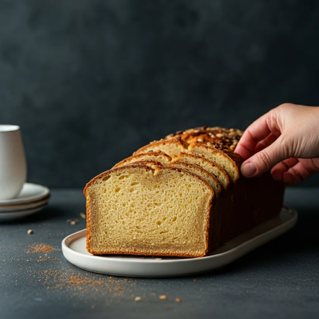 Keto Sweetened Condensed Milk Bread Hand holding a slice of Keto Sweetened Condensed Milk Bread with remaining slices on a white plate.