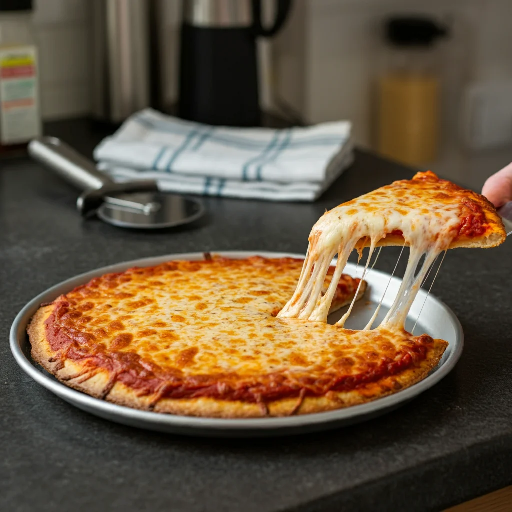 keto fathead pizza A slice of homemade Fathead Keto Pizza with golden, crispy crust topped with melted mozzarella and tomato sauce, being held in hand. The remaining pizza is served on a rustic wooden board, showcasing a delicious, low-carb meal option."