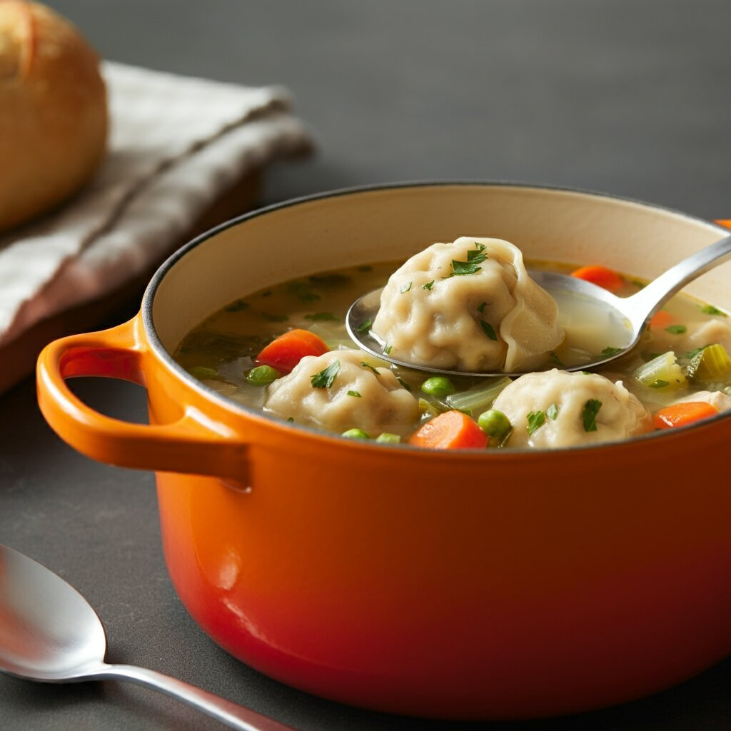 WW Chicken and Dumpling Soup Close-up of a hand holding a roll beside a bowl of chicken and dumpling soup on a wooden table with a kitchen towel and spoon.