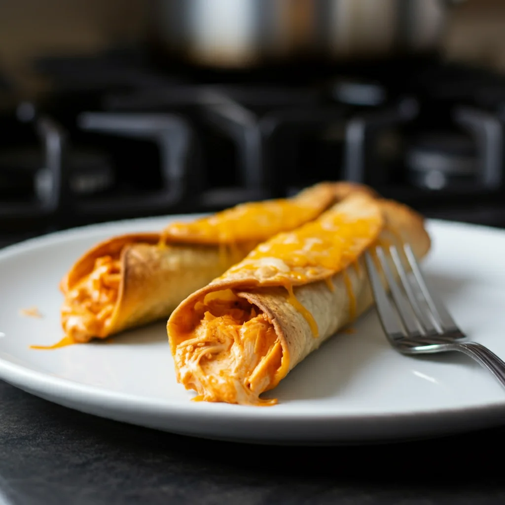 Delicious Keto Buffalo Chicken Taquitos served on a white plate, showcasing a crispy cheese shell wrapped around a juicy buffalo chicken filling. The taquitos are arranged attractively with a casual kitchen setting in the background, including scattered ingredients and a slightly messy countertop, adding a realistic touch. One taquito is being held up like a pizza slice, with a bite taken out, while the rest sit neatly on the plate, creating an inviting, homemade vibe perfect for a keto-friendly snack."