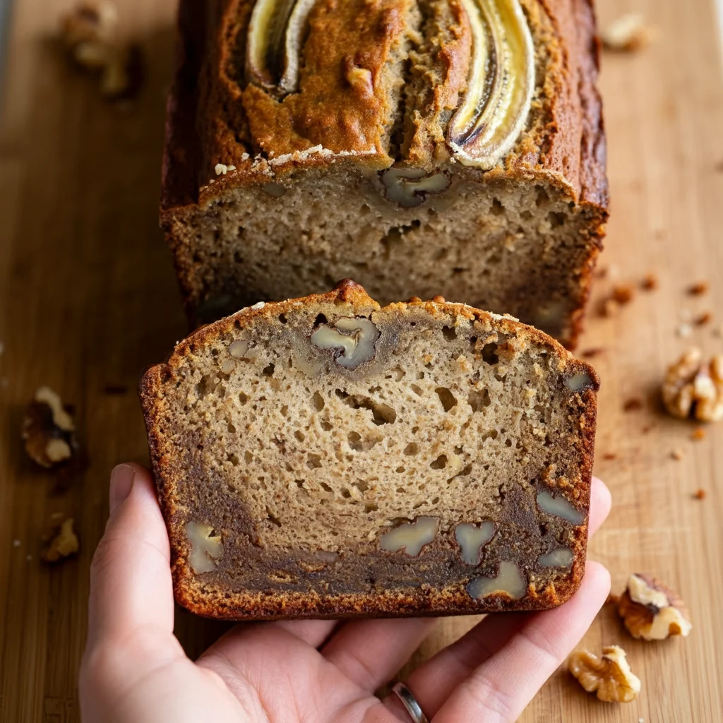 "Keto banana bread made with almond flour, topped with slices of banana and a sprinkle of nuts, served on a rustic wooden board.
