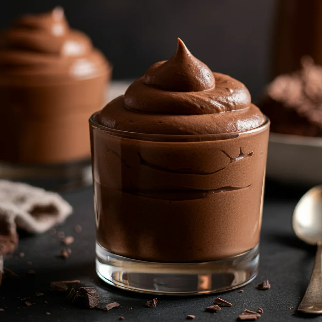 keto chocolate mousse A glass of creamy Keto Chocolate Mousse with a fluffy, rich texture, served in a dessert cup. The mousse is made with low-carb ingredients, perfect for a keto-friendly dessert. Soft natural lighting highlights the swirls and texture, creating an inviting and homemade feel."