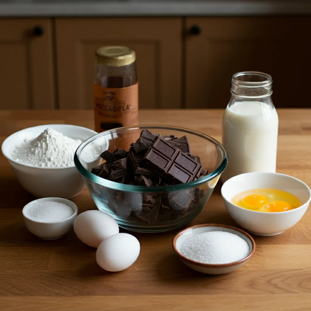 Close-up of Chocolate Truffle Cake recipe ingredients partially combined in a glass mixing bowl. The ingredients include dark chocolate chunks, cocoa powder, brown sugar, flour, skim milk, and egg yolks, with a whisk and small bowls nearby on a wooden countertop, showing the early stage of the cake preparation.