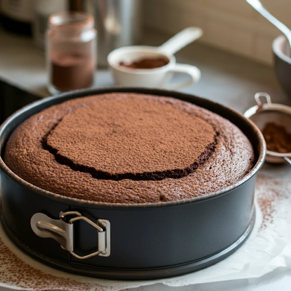 Freshly baked Chocolate Truffle Cake recipe in a springform tin, with a smooth, flat surface dusted with cocoa powder, resting on a kitchen counter. The photo is taken with a handheld mobile camera in a casual, home kitchen setting. Scattered baking tools and soft natural light enhance the cozy, homemade feel.