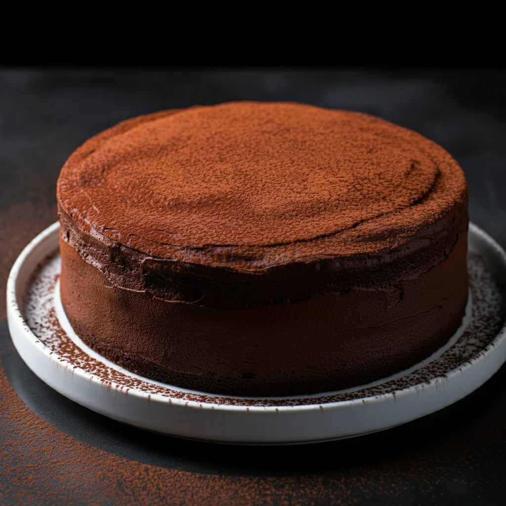 Top view of a freshly baked Chocolate Truffle Cake recipe in a springform tin, with a smooth, cocoa-dusted surface. The cake is surrounded by scattered baking tools like a spatula and mixing bowl, captured in a natural, home kitchen environment with warm lighting, evoking the feeling of a casual baking session.