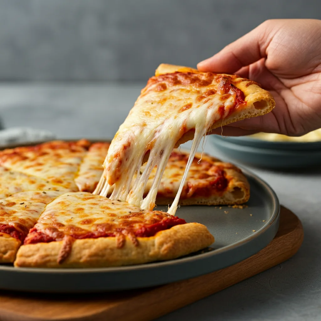 keto fathead pizza "A slice of homemade Fathead Keto Pizza with golden, crispy crust topped with melted mozzarella and tomato sauce, being held in hand. The remaining pizza is served on a rustic wooden board, showcasing a delicious, low-carb meal option."