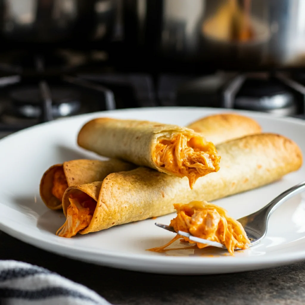 Delicious Keto Buffalo Chicken Taquitos served on a white plate, showcasing a crispy cheese shell wrapped around a juicy buffalo chicken filling. The taquitos are arranged attractively with a casual kitchen setting in the background, including scattered ingredients and a slightly messy countertop, adding a realistic touch. One taquito is being held up like a pizza slice, with a bite taken out, while the rest sit neatly on the plate, creating an inviting, homemade vibe perfect for a keto-friendly snack."