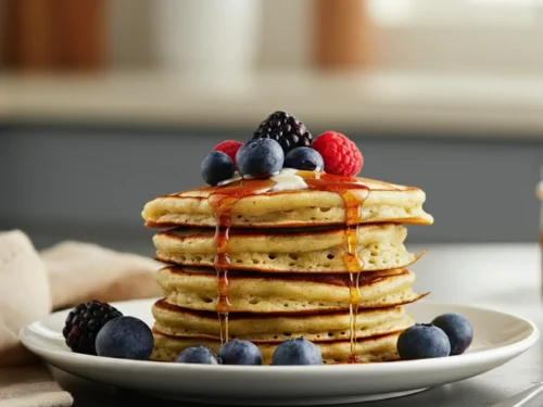 A stack of homemade Weight Watchers 0-Point Protein Pancakes on a simple white plate, drizzled with sugar-free syrup and garnished with fresh berries. The photo is taken from a slightly tilted angle with soft, natural lighting, capturing a warm, casual kitchen setting. The pancakes appear fluffy and golden brown, creating an inviting, home-cooked feel.