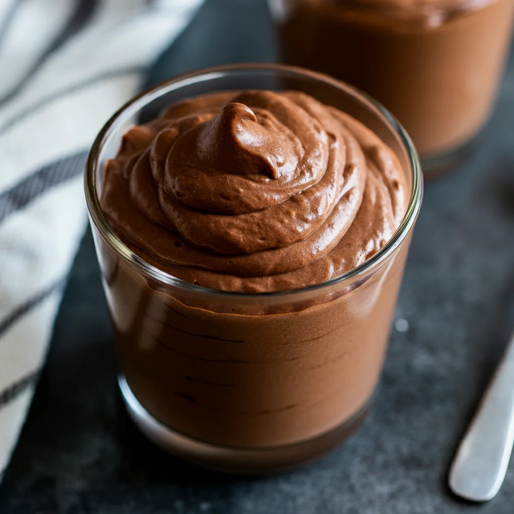 keto chocolate mousse A glass of creamy Keto Chocolate Mousse with a fluffy, rich texture, served in a dessert cup. The mousse is made with low-carb ingredients, perfect for a keto-friendly dessert. Soft natural lighting highlights the swirls and texture, creating an inviting and homemade feel."