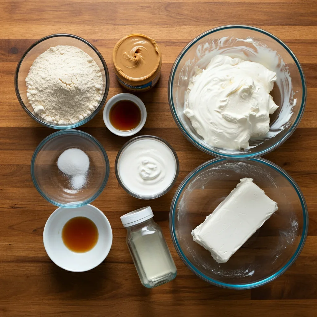 "Overhead shot of keto peanut butter pie ingredients in mismatched glass and ceramic bowls on a wooden kitchen countertop."