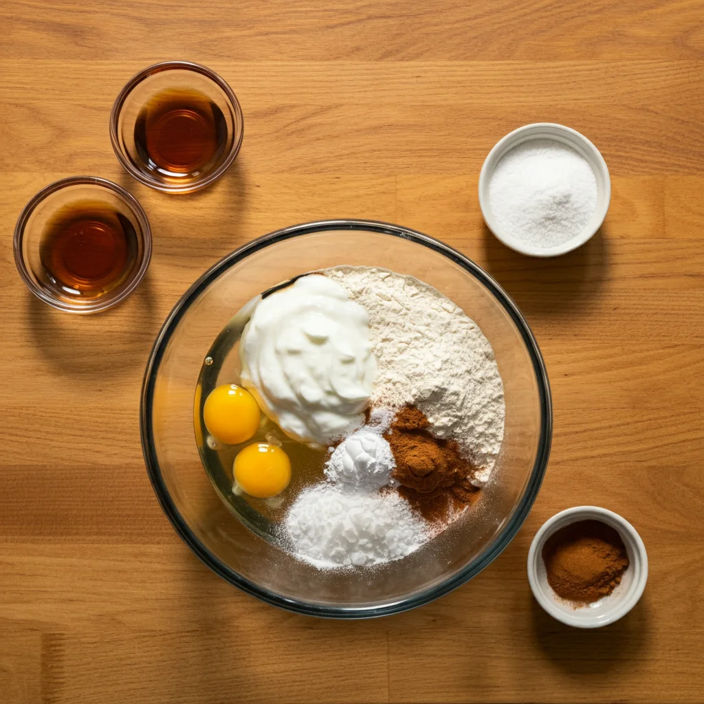 A top-down view of ingredients for Weight Watchers 0-Point Protein Pancakes in a clear glass mixing bowl. Eggs, Greek yogurt, baking powder, cinnamon, and pancake mix are partially combined, with small bowls of sugar-free syrup and extra ingredients scattered around on a wooden countertop.