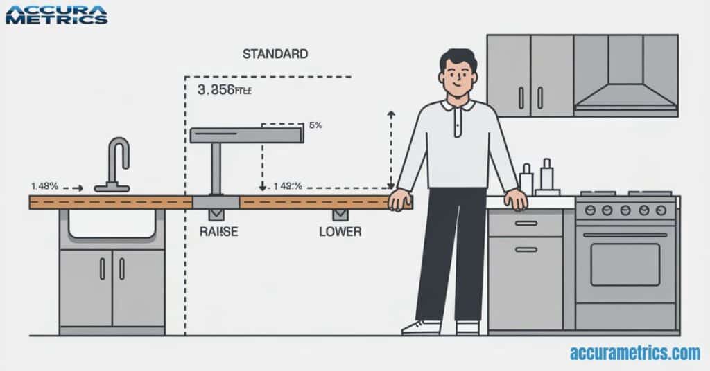 Diagram showing ergonomic countertop heights and user comfort levels in kitchen design.