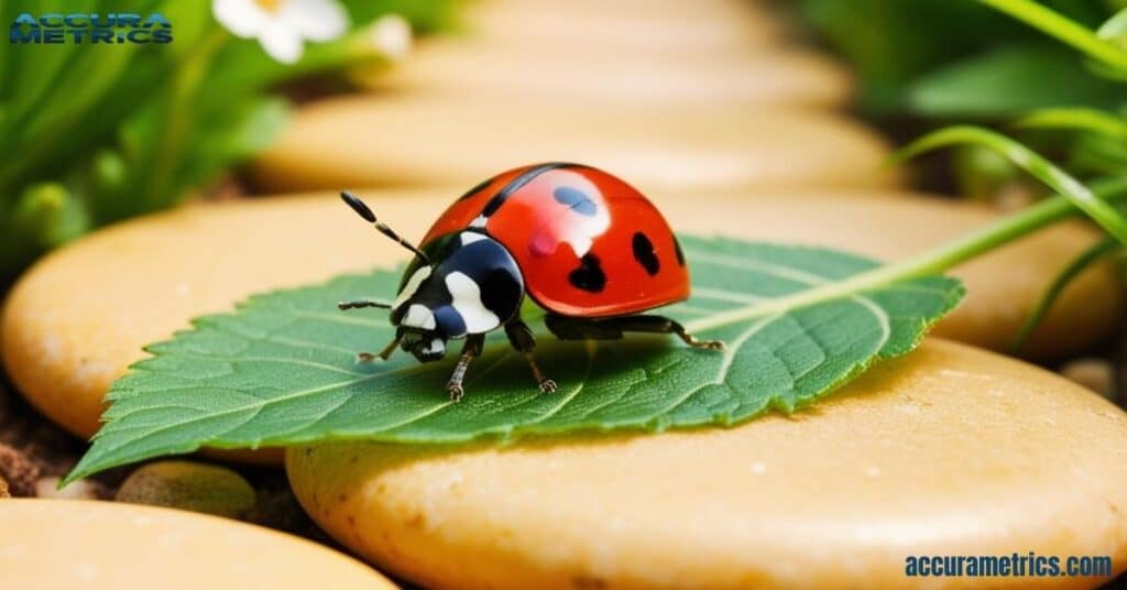 Colorful ladybug on a green leaf in a sunlit garden.