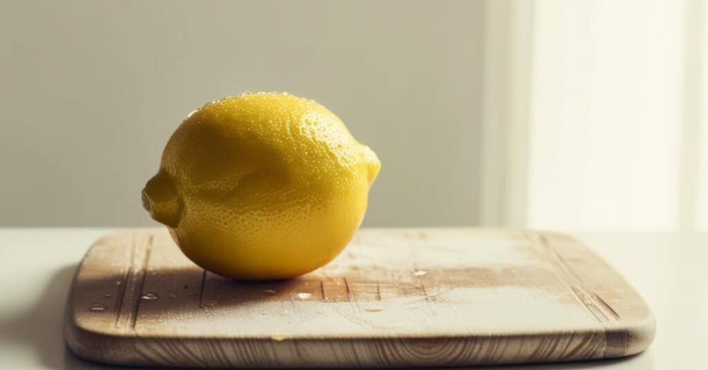 Medium size  2 inches lemon on a cutting board with fresh herbs in a kitchen.