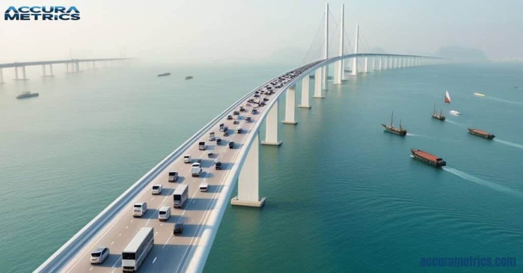 The long Hong Kong Zhuhai Macau Bridge, spanning distances similar to a 50 mile route.