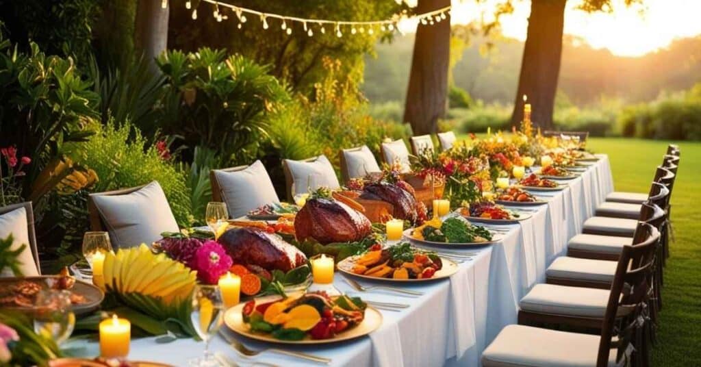 A long dining table set for guests enjoying a meal outdoors.