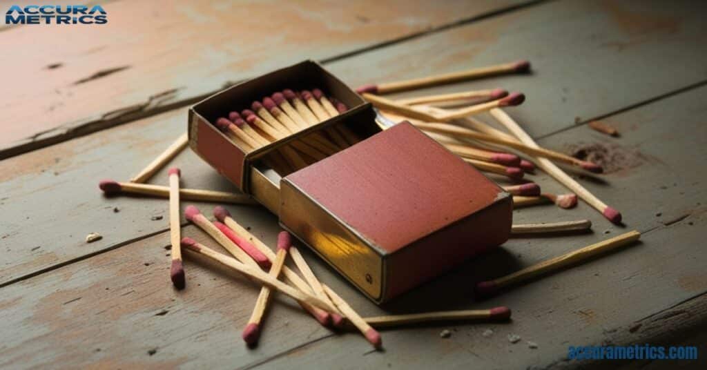 A 3 inch matchbox with matches.