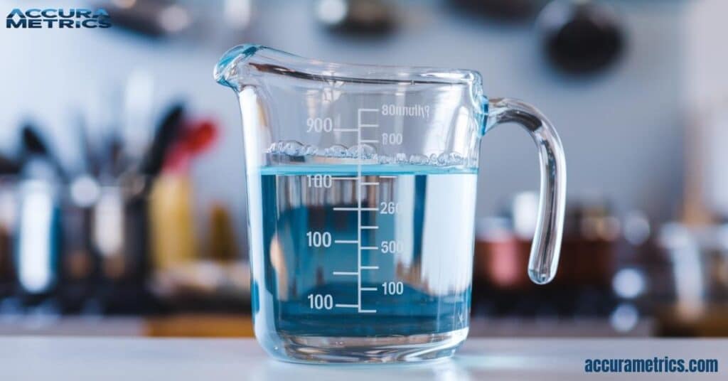 A measuring cup filled with liquid against a colorful kitchen backdrop, representing 100 ml of measurement.