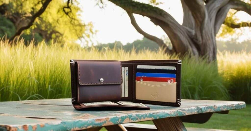 A mens wallet open on a picnic table