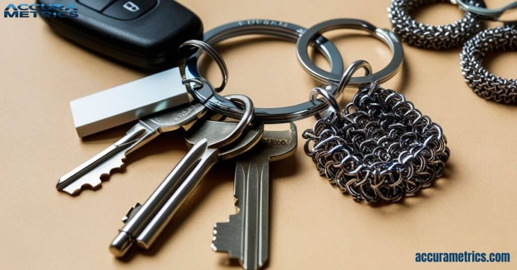 Close up of a metal key ring with keys, surrounded by a flash drive, key ring jewelry, and chain mail, showcasing versatile uses