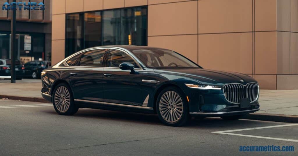 A mid size 5 meters car parked in an urban environment, emphasizing its stylish profile.