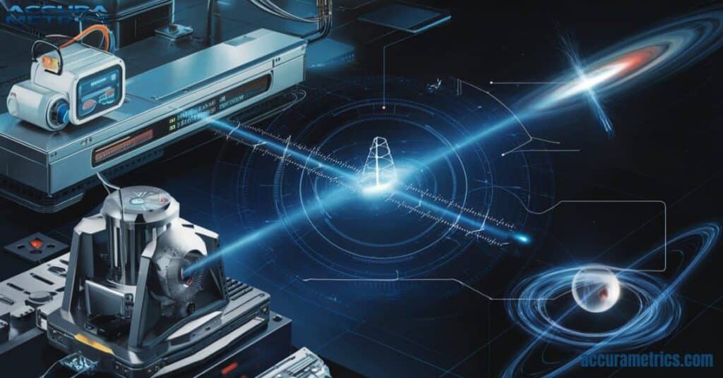 Illustration of modern length measurements technologies, showcasing laser rangefinders, interferometers, and proposals for using pulsars in space exploration.