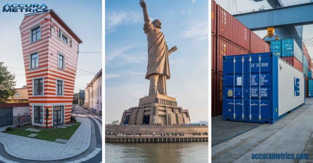 The world's narrowest house (Keret House) measuring 10 meters long, the 10 meter high base of the Statue of Unity, and a 10 meter long shipping container.