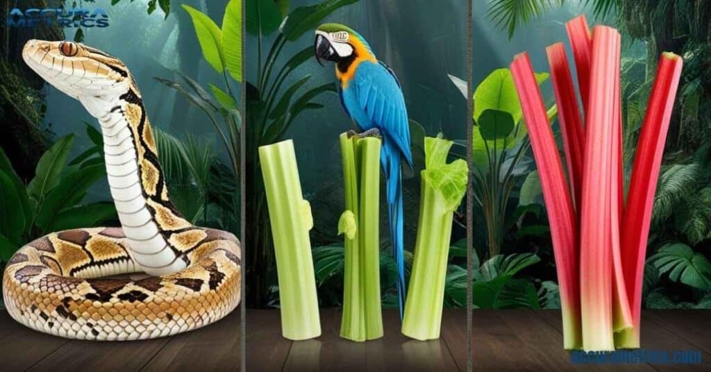 Collage of a king cobra, macaw, and rhubarb, representing natural wonders around 18 inches long.