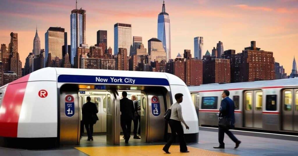 Busy subway entrance in New York City with commuters, iconic skyscrapers, and trains in motion.