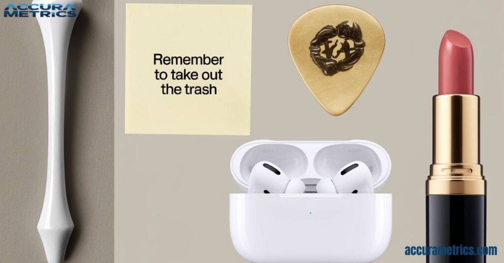 objects measuring approximately 3 inches, including a golf tee, sticky note, guitar pick, AirPods case, matchbox, credit card, bottle cap, thumbtack, lipstick tube, and dice.