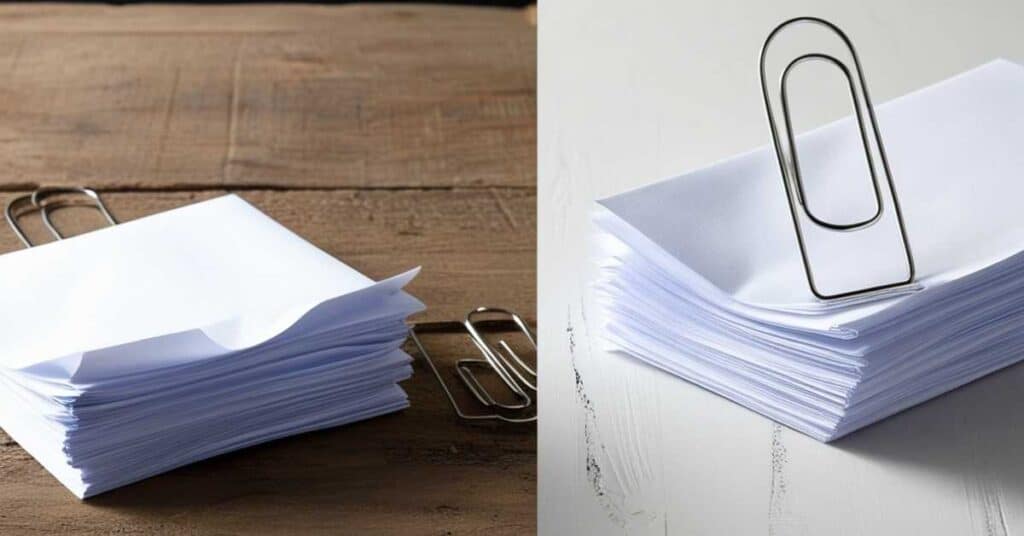 Display a 2 inches large paper clip alongside a stack of papers, highlighting its utility in organizing documents.