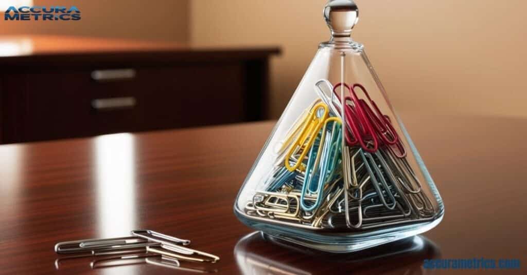 Colorful paper clips stacked in a glass jar on a desk.