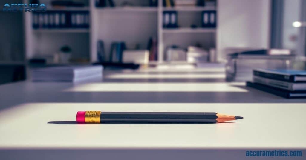 Close up of a pencil with a bright pink eraser having 50 mm on a white surface, with clear background details of books and stationery.