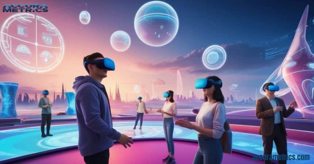 A futuristic scene with people using VR headsets and interacting with holograms, illustrating technology's impact on size perception.