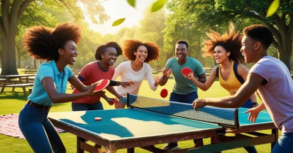 A ping pong table is surrounded by friends enjoying a spirited game.