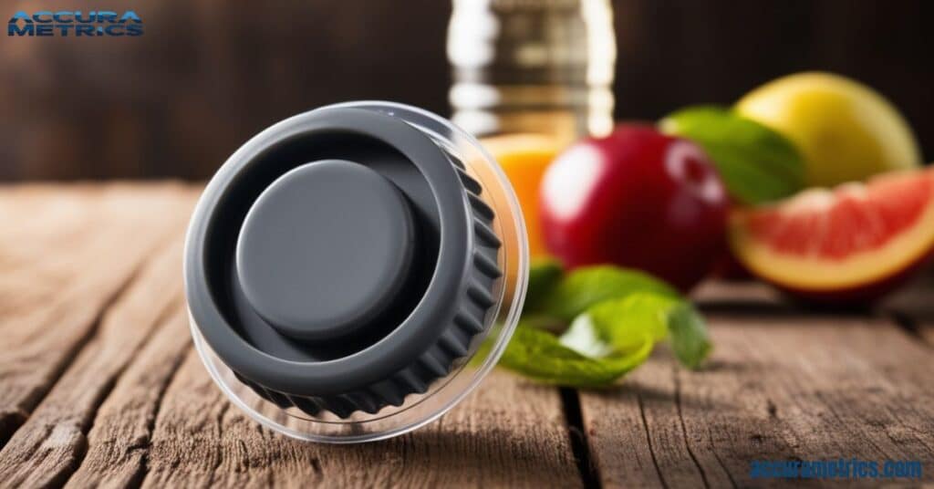 A plastic bottle cap on a rustic wooden table with fresh fruits and a beverage bottle in the background.