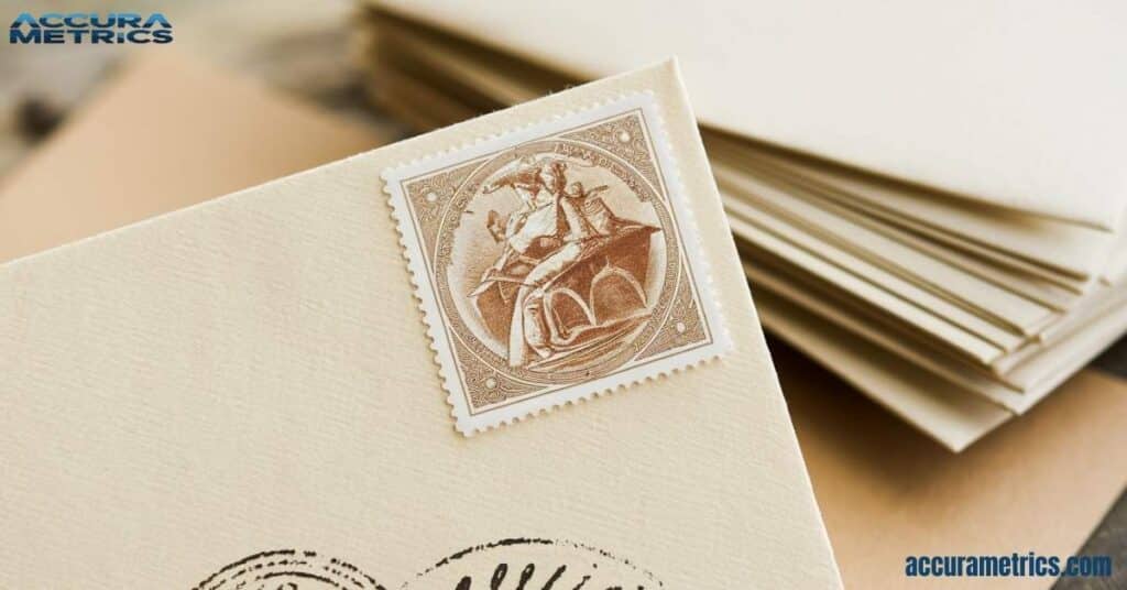 Detailed postage stamp on a cream envelope with artistic design.