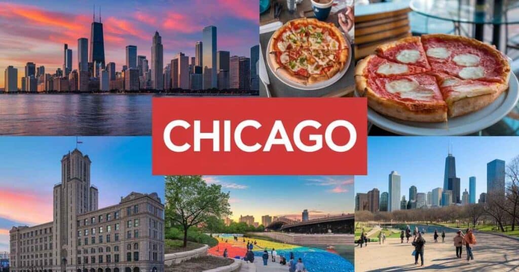 A vibrant collage representing Chicago, featuring the skyline, deep dish pizza, historic architecture, Millennium Park, and Riverwalk art.