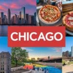 A vibrant collage representing Chicago, featuring the skyline, deep dish pizza, historic architecture, Millennium Park, and Riverwalk art.