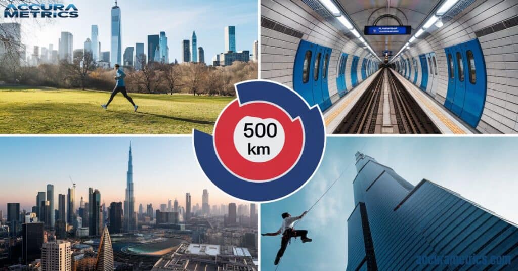 A collage featuring Central Park, a London Underground train, and climbers at the Burj Khalifa, representing various urban comparisons to 500 km.