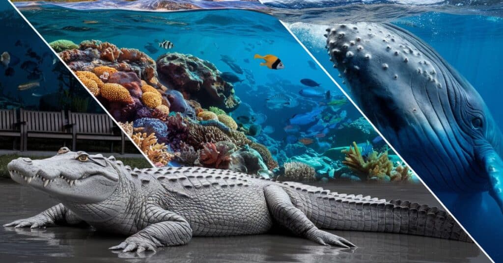 An illustrated scene of a saltwater crocodile, blue whale tongue, and a vibrant underwater environment with coral.