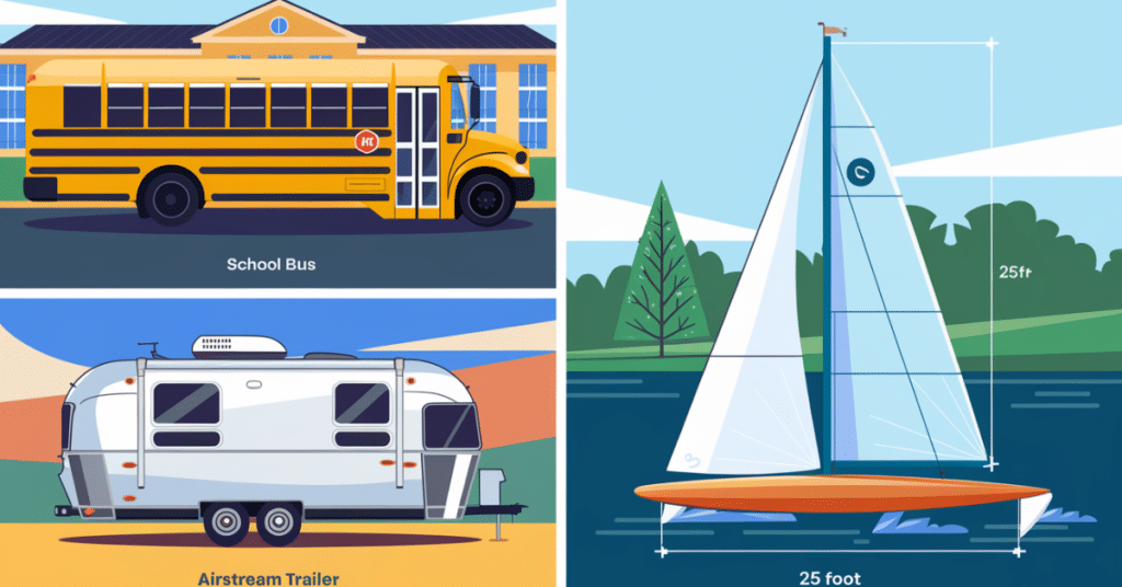 An illustration of a school bus, Airstream trailer, and sailboat, representing measurement without dimensions.